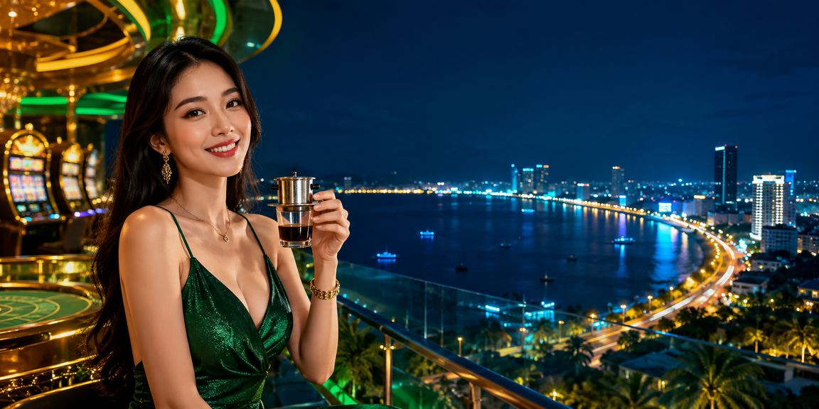 Người dùng Đà Nẵng chơi slot game trực tuyến trong quán cà phê ban đêm